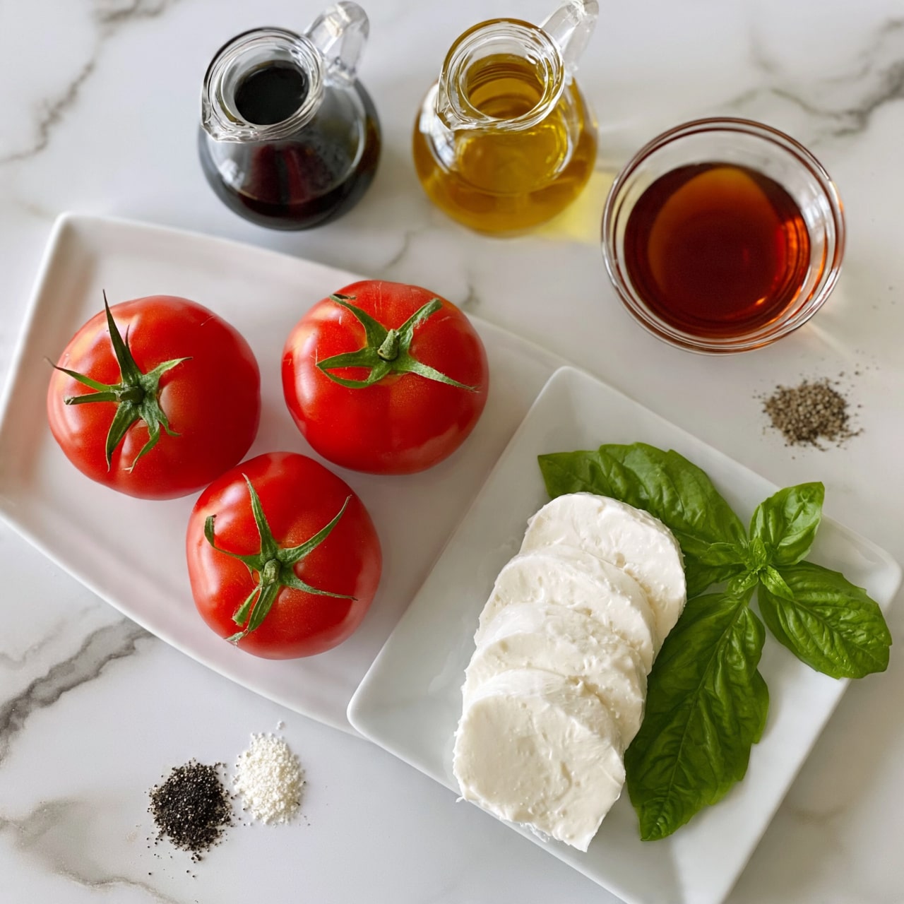 square image The image shows five main ingredients on a white marbled surface: three red tomatoes with green tops on a white rectangular plate, several white mozzarella slices neatly stacked on a white square plate, fresh green basil leaves beside the mozzarella, a small clear glass jug with dark balsamic vinegar, a small clear glass jug with golden olive oil, and a small clear bowl of honey with a deep amber color. Two small piles of black and white pepper are placed nearby. Photo taken with an iphone --ar 4:5 --v 7