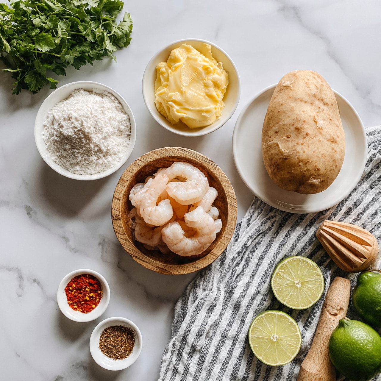 square image A white marbled surface holds several small white bowls and wooden dishes arranged neatly. One bowl contains white flour with a powdery texture, positioned on the left side of the image. Above it, a white bowl is filled with smooth, yellow butter. Below, a wooden bowl holds pale pink cooked shrimp. To the right, there is a whole light brown peeled potato resting on a white plate. In the lower right corner, lime halves and whole limes with a bright green color are aligned next to a wooden citrus reamer. Two small white dishes with red and brown spices sit near the bottom left, and a gray and white striped cloth is casually laid under the potato plate. Fresh green cilantro fills the top left corner. Photo taken with an iphone --ar 4:5 --v 7
