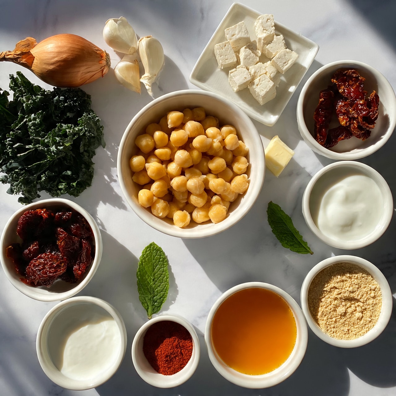 square image The image shows several small white bowls and ingredients arranged on a white marbled surface. In the center, there is a white bowl filled with light yellow chickpeas. Around it, from top left going clockwise, are a shallot and garlic cloves on the surface, dark green leafy kale, a small square white plate with white cubes of tofu, a white bowl with dark red sun-dried tomatoes, two fresh mint leaves on the surface, a small white bowl with white yogurt, a small white bowl with red powder, a small white bowl filled with orange liquid broth, and a small white bowl with beige powder. There is also a small cube of butter on the surface near the tofu. The lighting is bright and natural. photo taken with an iphone --ar 4:5 --v 7