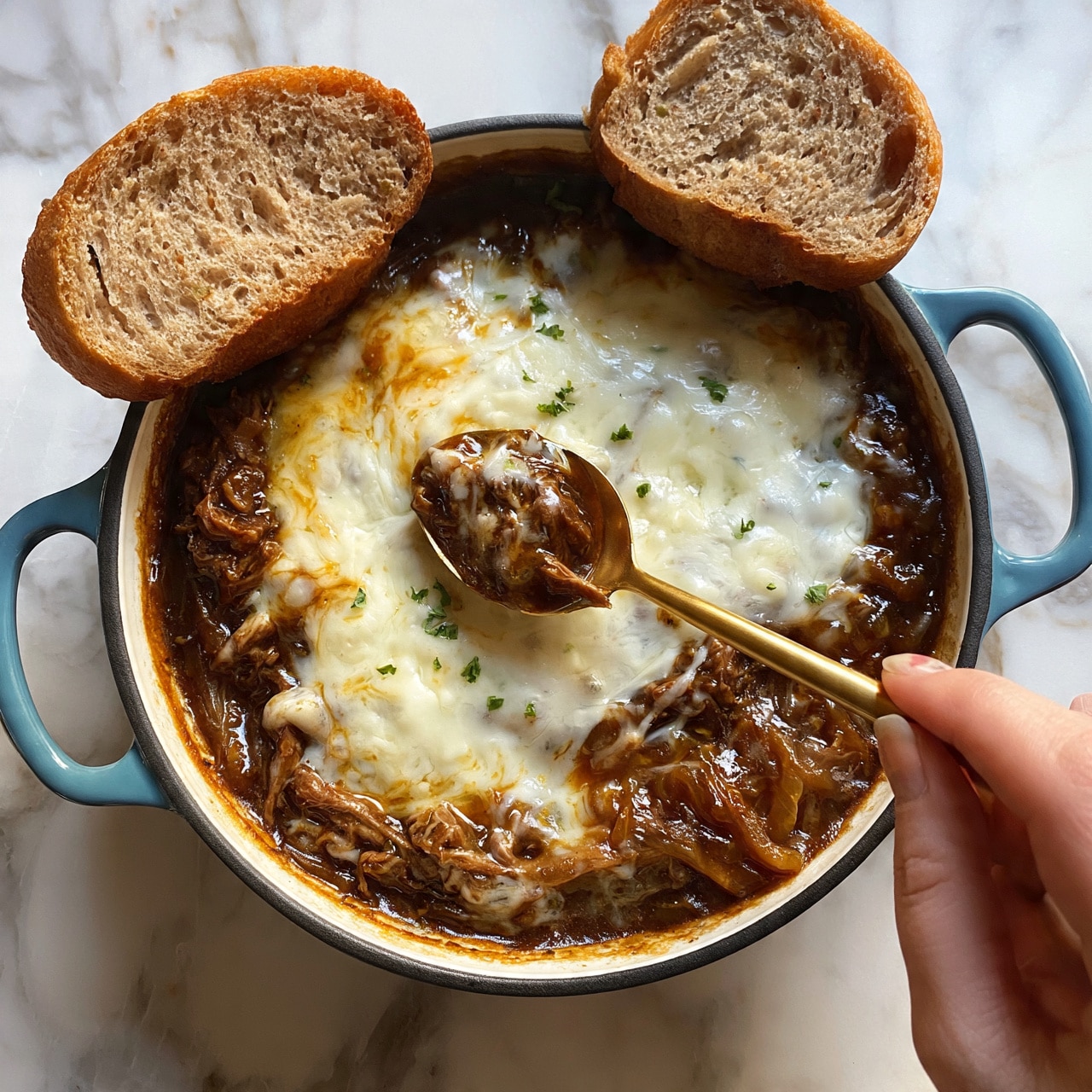 square image A blue pot on a white marbled surface shows a rich stew with shredded brown meat and melted white cheese on top, mixed with caramelized onions. Two slices of brown bread rest on the edge of the pot, and a woman's hand holds a gold spoon scooping some of the stew. Tiny green herb pieces are scattered lightly across the melted cheese, adding small spots of color. Photo taken with an iphone --ar 4:5 --v 7