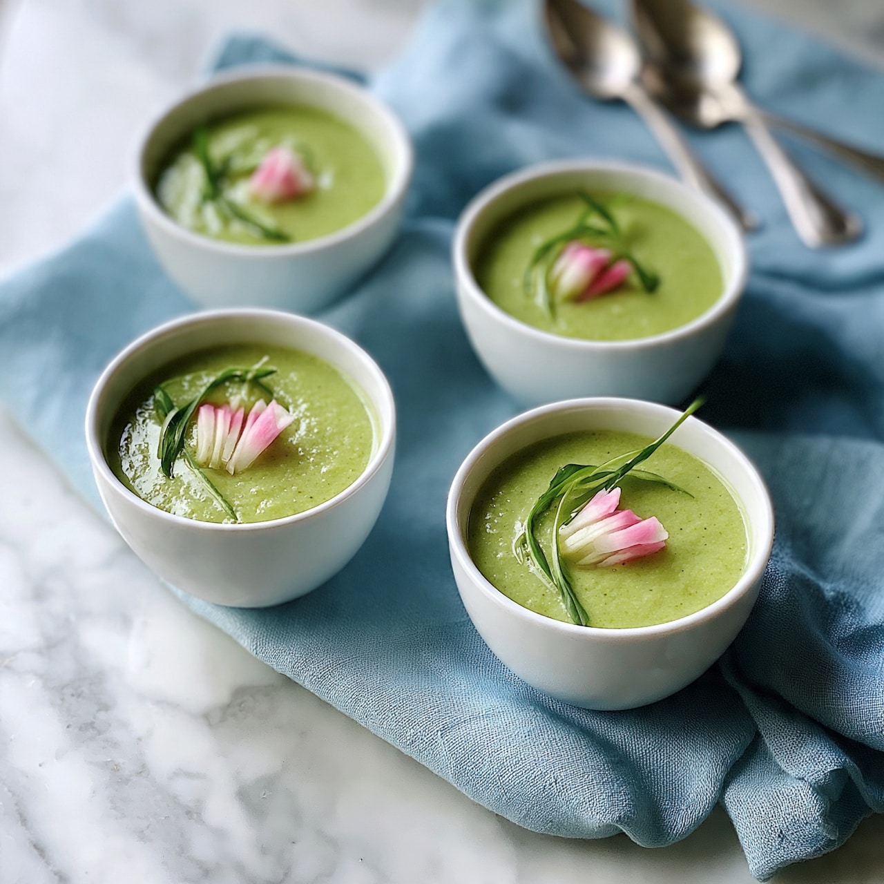 square image Four white cups filled with smooth, pale green soup are placed on a soft blue cloth on a white marbled surface. Each cup has a small garnish on top made of thin green leaves and small pink and white vegetable slices arranged neatly in the center. In the background, three silver spoons rest on the blue cloth, adding a slight metallic shine. The overall look is fresh and clean, with cool tones and simple, elegant presentation photo taken with an iphone --ar 4:5 --v 7