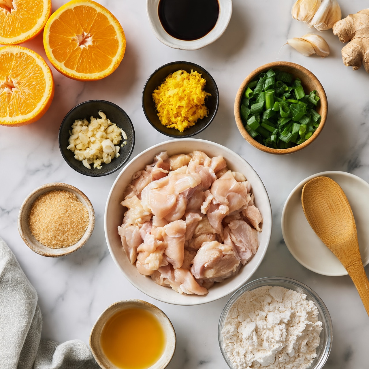 square image The image shows a top view of various ingredients arranged neatly on a white marbled surface. In the center, there is a white bowl filled with raw pale pink chicken slices. Surrounding it are small bowls each containing different ingredients: chopped green onions in a wooden bowl at the top right, yellow grated ginger in a black bowl above the chicken, dark soy sauce in a white bowl above, and minced garlic in a black bowl to the left. There are also halved bright orange oranges at the top left, a small bowl of light brown sugar below the chicken, a bowl of golden-yellow liquid near the bottom left, white powdery flour in a clear glass bowl, and a wooden spoon resting on a small white plate near the bottom right. Some fresh garlic cloves and a piece of ginger root are visible near the top right corner, along with a light grey cloth at the bottom left. photo taken with an iphone --ar 4:5 --v 7