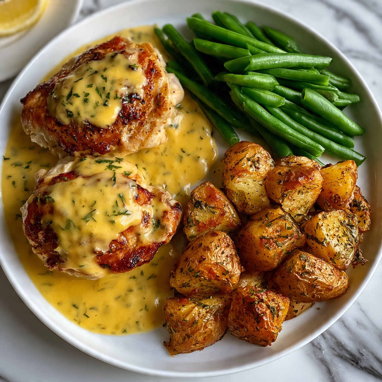 square image A white plate holds a meal with three main parts arranged side by side: on the left are two golden-brown cooked chicken pieces covered in a thick pale yellow sauce with visible herbs, the sauce pools around the chicken; in the top right corner, bright green cooked green beans are stacked neatly; below the green beans are golden-brown roasted potato chunks seasoned with herbs and spices, showing a slightly crispy texture. The plate sits on a white marbled surface, and a slice of lemon is partly visible at the top left. photo taken with an iphone --ar 4:5 --v 7
