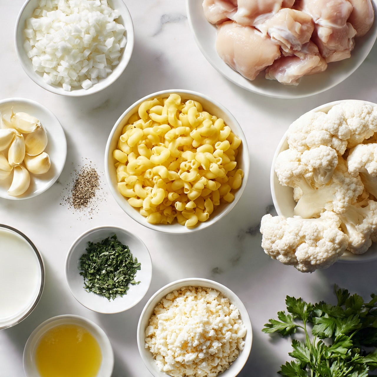 square image The image shows a neat arrangement of ingredients on a white marbled surface. In the center is a white bowl filled with yellow, uncooked macaroni pasta. Around it, there are separate white bowls and plates holding other ingredients: raw, light pink chicken pieces on a white plate at the top right; white cauliflower florets in a white bowl to the right; finely chopped white onions in a white bowl to the top left; several peeled garlic cloves on a small white dish to the left; a small pile of ground black pepper on the surface near the garlic; a glass of milk to the bottom left; finely chopped green herbs and melted butter each in separate white bowls at the bottom; a bowl of grated white cheese at the bottom center; and fresh green parsley on the bottom right. The colors are soft and natural, and everything is clearly separated. photo taken with an iphone --ar 4:5 --v 7
