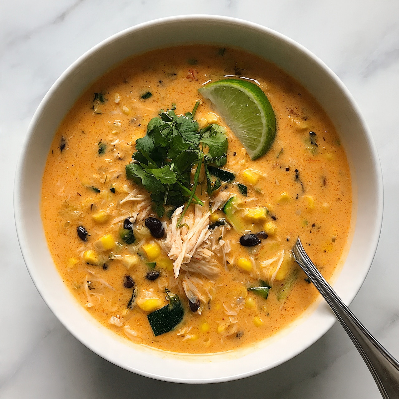 square image A white bowl filled with creamy orange soup that has visible pieces of yellow corn, dark beans, green zucchini, and shredded light-colored chicken mixed evenly throughout the soup. The soup is topped with a small bunch of green cilantro leaves and has a wedge of lime resting on the surface near the cilantro. A silver spoon is partially dipped in the soup near the bowl's edge. The bowl sits on a white marbled surface, creating a clean and bright background. photo taken with an iphone --ar 4:5 --v 7