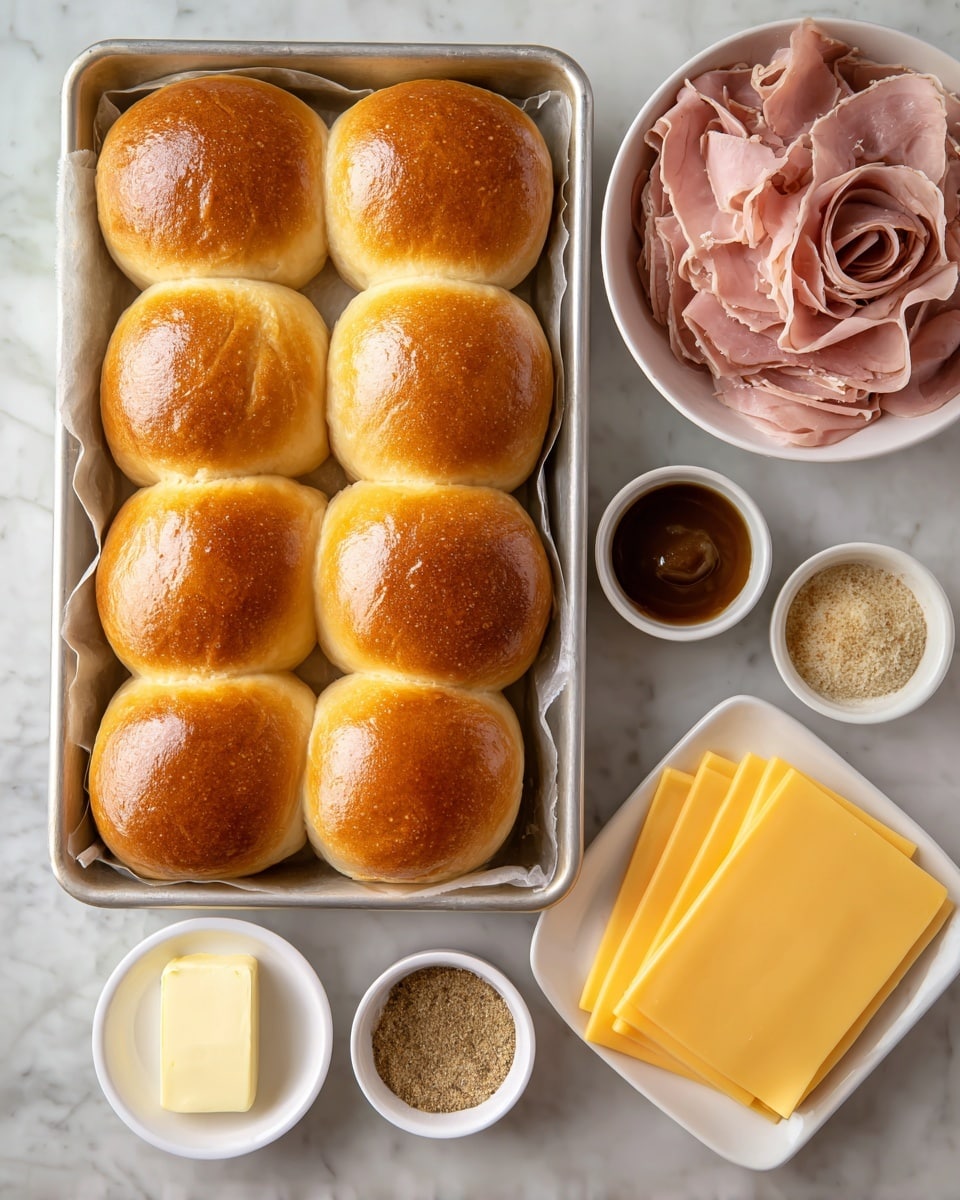 The image shows 12 shiny, golden brown dinner rolls arranged in a metal baking tray with a slightly raised edge. To the right of the tray is a white bowl filled with thinly sliced brown deli meat that is folded loosely. Below the meat are six light yellow square slices of cheese laid out in a neat row. Around these main items are four small white bowls: one contains a small block of butter, another has a dark brown sauce, a third holds a smooth light brown mustard, and the last one contains light brown dry seasoning. All items are placed on a white marbled surface. Photo taken with an iphone --ar 4:5 --v 7