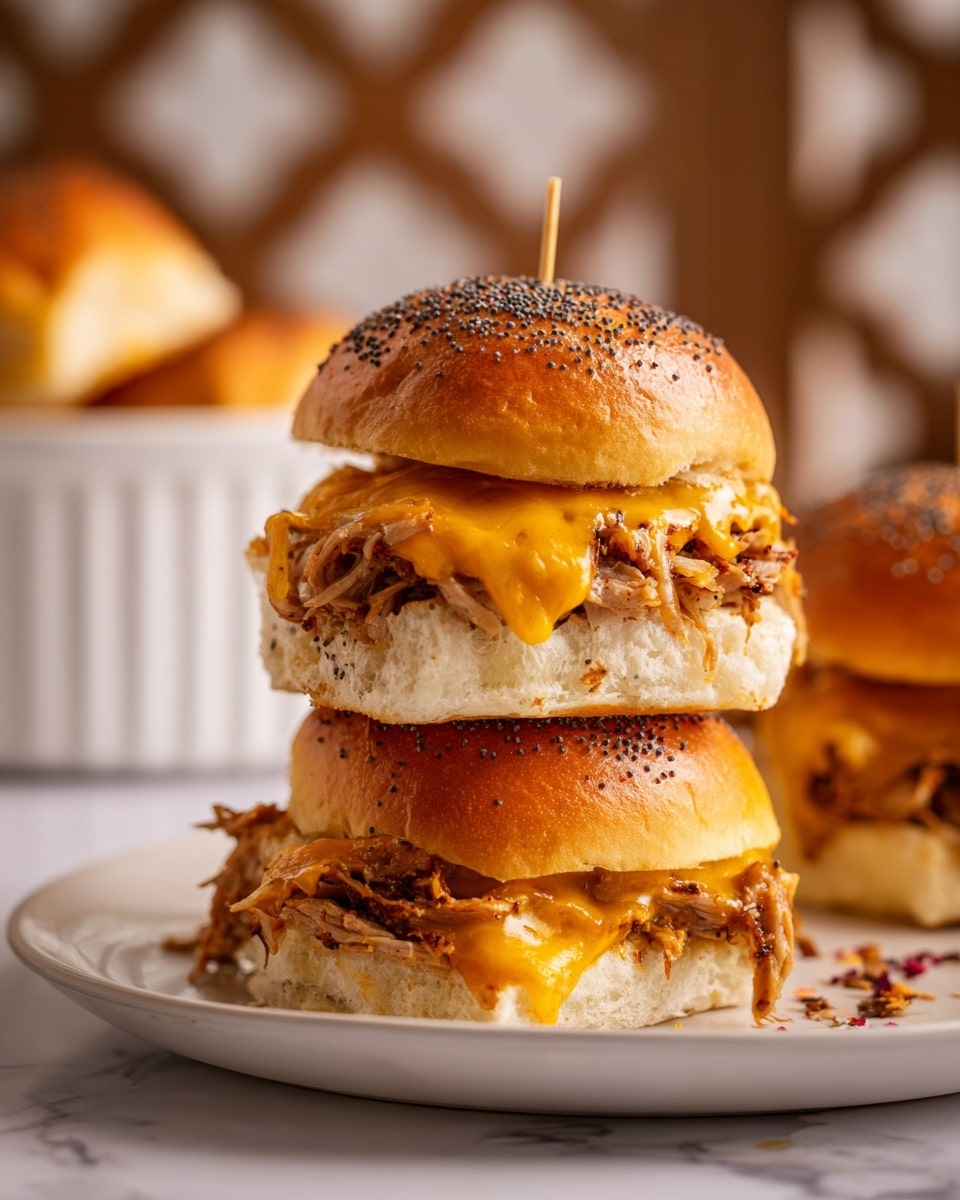 The image shows a stack of three slider sandwiches on a white plate over a white marbled surface. Each slider has a shiny, soft top bun with poppy seeds. Below the top bun, there is a vibrant orange melted cheese layer that looks smooth and creamy. Under the cheese, there is shredded or pulled meat with a slightly rough texture, appearing tender and juicy. The bottom bun is soft and lightly toasted. Behind the stack, part of a white dish filled with more sliders is visible, and a woman's hand is holding a skewer on top of the upper slider for stability. The background includes wooden and lattice elements softly blurred. Photo taken with an iphone --ar 4:5 --v 7