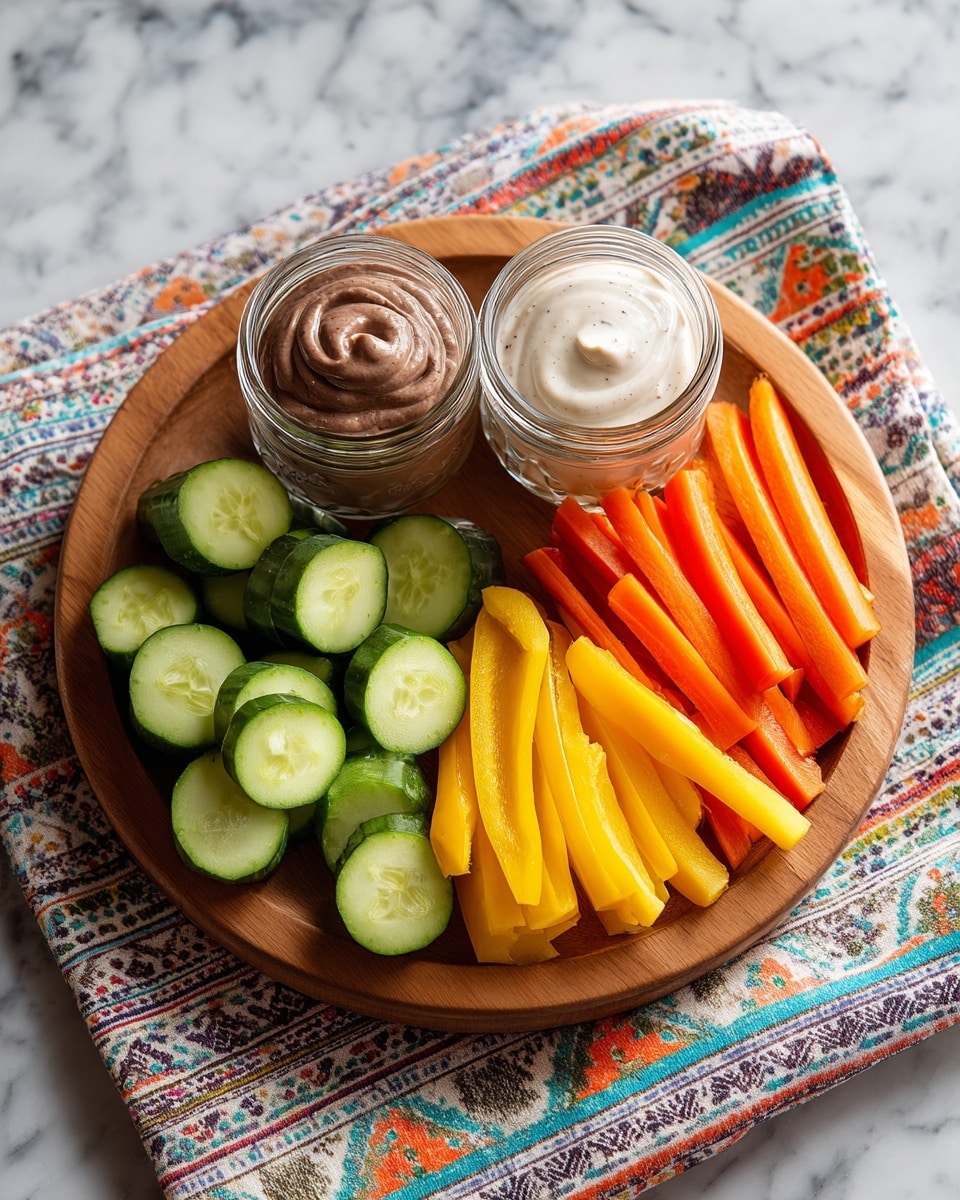 The image shows a light wooden round board with two small glass jars of dips placed far apart on the board. One jar on the left contains a brown dip, while the other jar on the right contains a white dip. Between the jars are small piles of fresh vegetables arranged in rows: sliced dark green cucumbers, bright orange baby carrots, and long yellow bell pepper strips. The board is placed on a multicolored patterned cloth, but the surface beneath looks like white marble. photo taken with an iphone --ar 4:5 --v 7