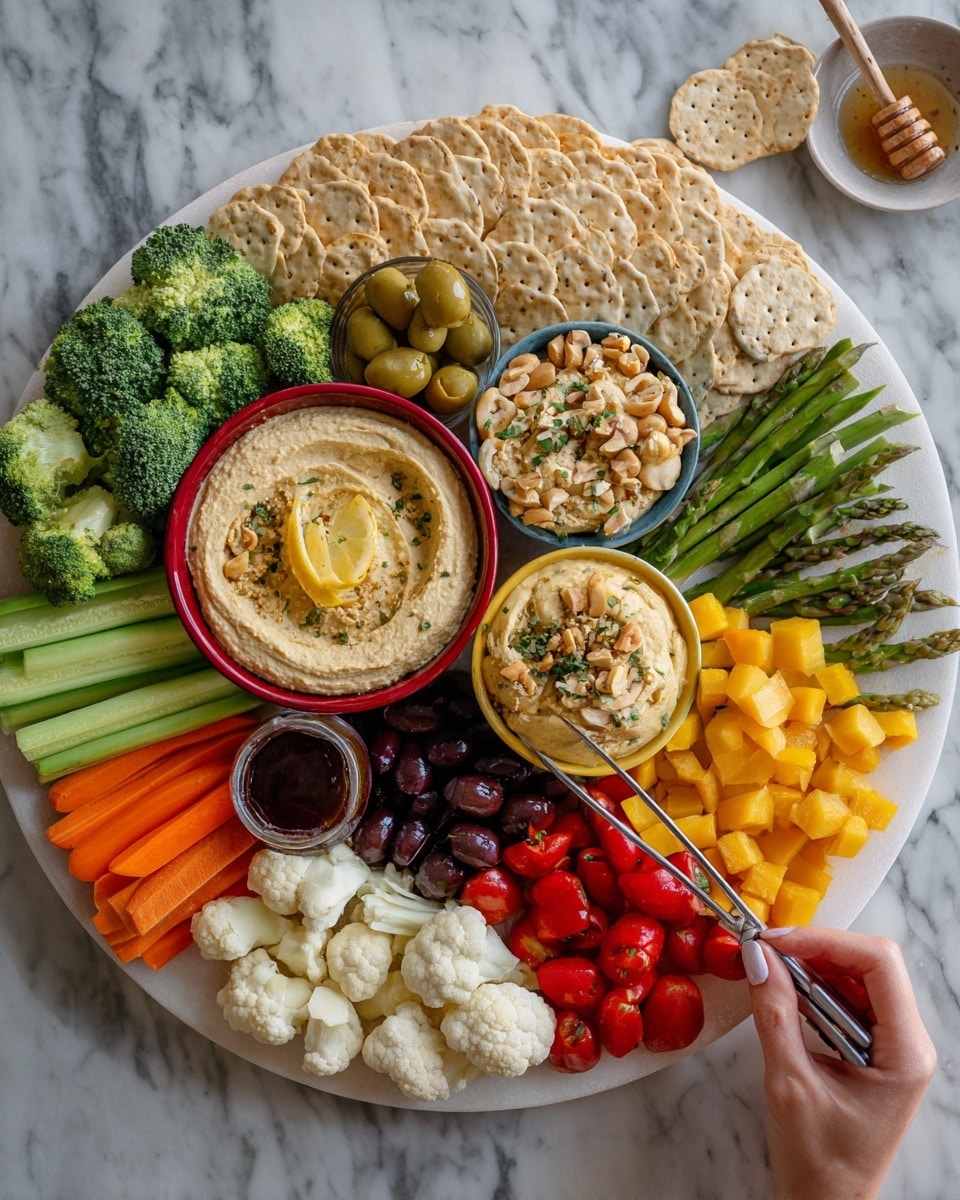The image shows a large white platter with many layers and colors of food arranged in a circle on a white marbled surface. At the top center, there is a red bowl filled with light beige hummus topped with a small lemon wedge. To the right, a yellow and blue bowl holds a creamy beige dip with herbs. Below, another yellow and blue bowl contains a hummus-like dip with crunchy nuts on top. Around the bowls are layers of fresh vegetables including bright green broccoli, cucumber slices, celery sticks, orange and red carrot sticks, red bell pepper slices, white cauliflower florets, green asparagus, and small Brussels sprouts. Near the center, there are dark and green olives mixed with cubes of yellow and white cheese. To the right side, there are round red, yellow, and orange cherry tomatoes. On the edges of the platter, there are different types of crackers and pita chips stacked neatly. A woman's hand is holding a small silver tongs over the olives. A wooden honey dipper sits in a small reddish bowl with dark jam near the celery sticks. photo taken with an iphone --ar 4:5 --v 7