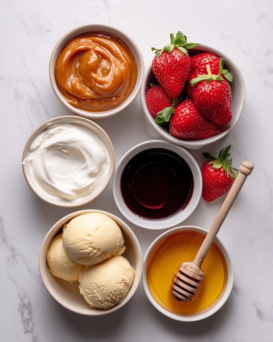 The image shows seven small white bowls arranged neatly on a white marbled surface. The top row has three bowls: the left one with a chunky orange-brown sauce, the middle one filled with smooth white cream, and the right one filled with fresh red strawberries with green tops. Below, the bottom row has four bowls: the left one holding two round scoops of pale yellow ice cream, the middle larger one with a dark thick liquid, and the right bowl with golden honey and a wooden honey dipper resting inside. The colors range from creamy white, deep red, bright golden, dark brown, and bright orange, all presented cleanly and simply. Photo taken with an iphone --ar 4:5 --v 7