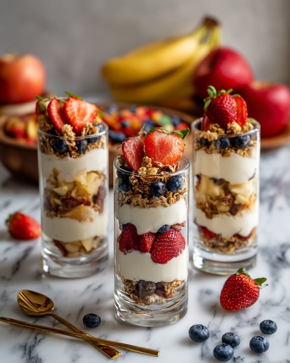 The image shows three clear glasses filled with layered parfaits, placed on a white marbled surface. Each glass has three layers of creamy white yogurt alternating with crunchy granola and fruit. The front glass features a bottom layer of granola, a middle layer of bright red strawberries and dark blueberries, and a top layer of yogurt, garnished with halved strawberries and blueberries. The left glass has a similar layering of yogurt and granola but includes pieces of dried fruit mixed with the granola. The right glass holds layers of yogurt and granola mixed with apple chunks and a light brown sauce. Around the glasses, there are scattered blueberries and two gold spoons. In the blurred background, there are two red apples, a bunch of bananas, and a bowl of mixed berries. The photo taken with an iphone --ar 4:5 --v 7