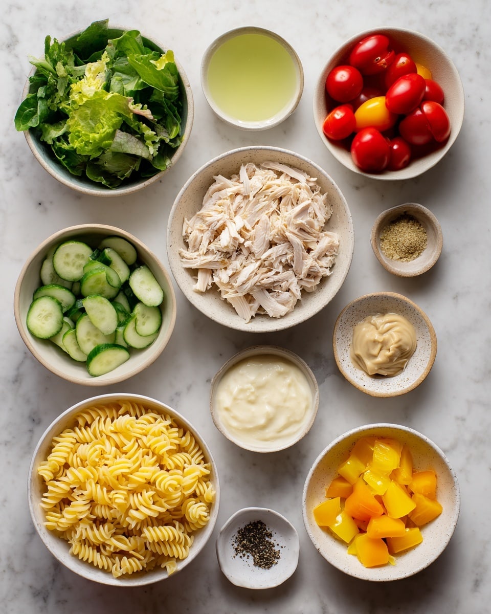 The image shows ingredients arranged neatly on a white marbled surface, each in small white bowls or plates. There is a bowl at the bottom left filled with yellow crinkle-cut pasta, a bowl with shredded pale chicken to the right, a small bowl with creamy white sauce below the pasta, and another small bowl with diced bright yellow bell peppers to the right of the chicken. Above these are bowls containing whole red cherry tomatoes, fresh green salad leaves with sliced cucumbers, a bowl with light green liquid, a small dish with a raw yellow lemon, a bowl with a beige paste, and a small dish with black pepper next to the tomatoes. photo taken with an iphone --ar 4:5 --v 7