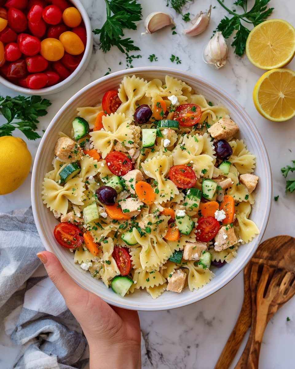 The image shows a white bowl filled with a colorful farfalle pasta salad. The pasta is light yellow and forms the base layer. Mixed into the pasta are halved bright red cherry tomatoes, small chunks of cooked light brown chicken, cubes of pale green cucumber, orange pieces of carrot, dark purple olives, and bits of soft white cheese sprinkled on top. Fresh green herbs are scattered throughout, adding a lively touch. The bowl is set on a white marbled surface with lemon halves, a bowl of cherry tomatoes, a bowl of garlic, wooden utensils, and fresh parsley surrounding it. A woman's hand is holding the bowl from the right side. Photo taken with an iphone --ar 4:5 --v 7