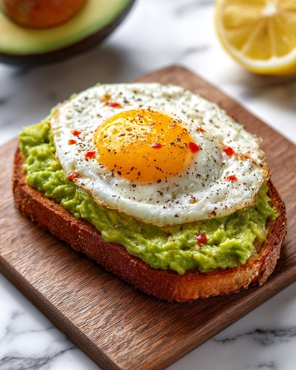 A single piece of toasted bread sits on a small wooden board, topped with a thick, bright green layer of mashed avocado spread evenly. On top of the avocado, there is one sunny-side-up fried egg with a vibrant, shiny yellow yolk in the center, surrounded by firm white edges. The egg is sprinkled lightly with black pepper and dotted with streaks of red hot sauce. The background shows a white marbled surface with a halved avocado on the left and a lemon piece on the right, both partially visible. Photo taken with an iphone --ar 4:5 --v 7