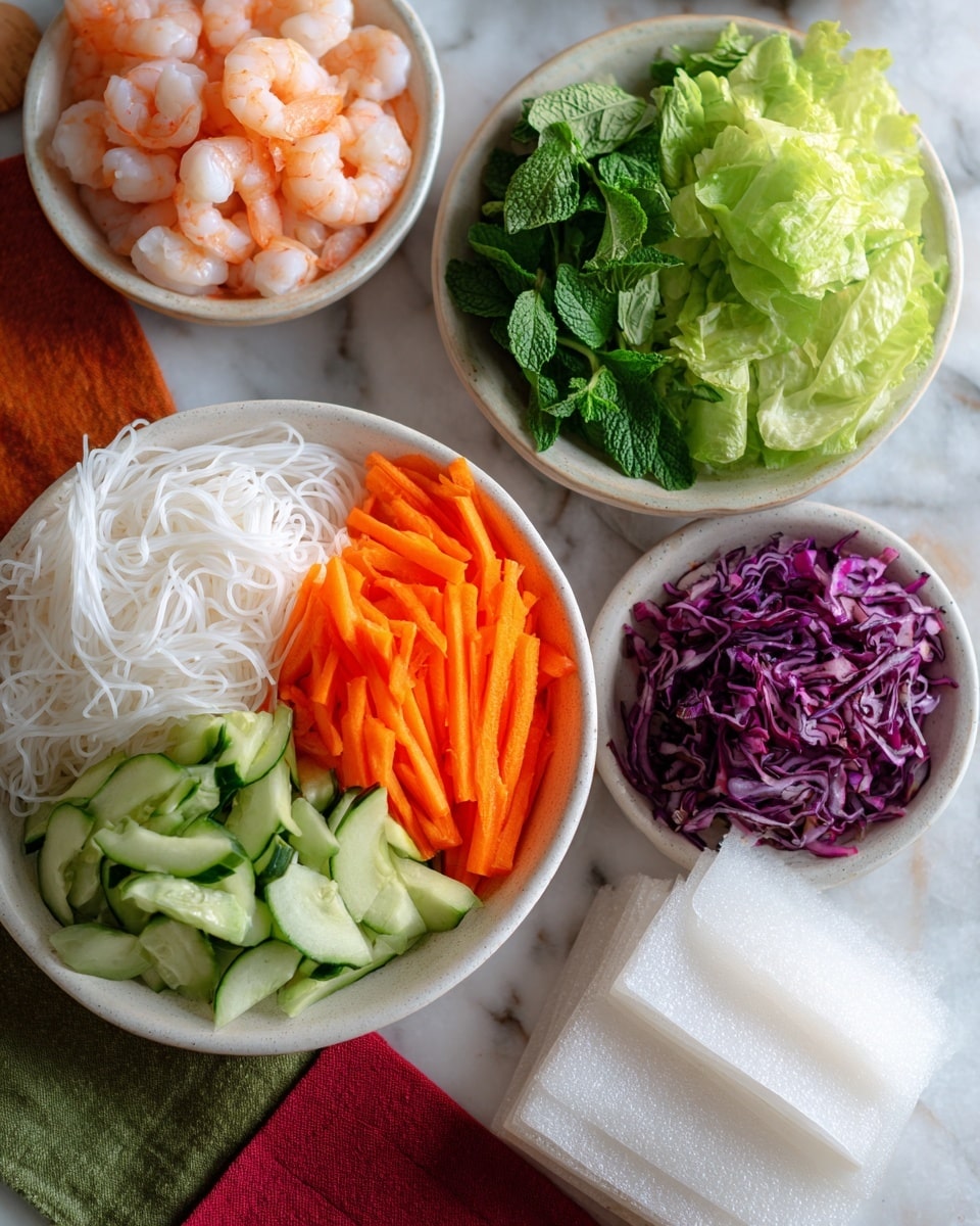 In the image, there are four white round dishes and a stack of white round rice papers on a white marbled surface. The largest white dish is divided into sections with neatly arranged colorful ingredients: bright orange carrot sticks at the top and right, fresh green lettuce leaves on the right edge, green cucumber sticks below the carrots, shredded purple cabbage to the right of the cucumbers, and fresh green mint leaves near the carrots and cucumbers. The other three dishes contain small pink shrimp in the top left dish, a pile of thin white rice noodles in the bottom right dish, and a stack of translucent white rice papers in the bottom left. The background includes green and red colored cloths under the plates. Photo taken with an iphone --ar 4:5 --v 7