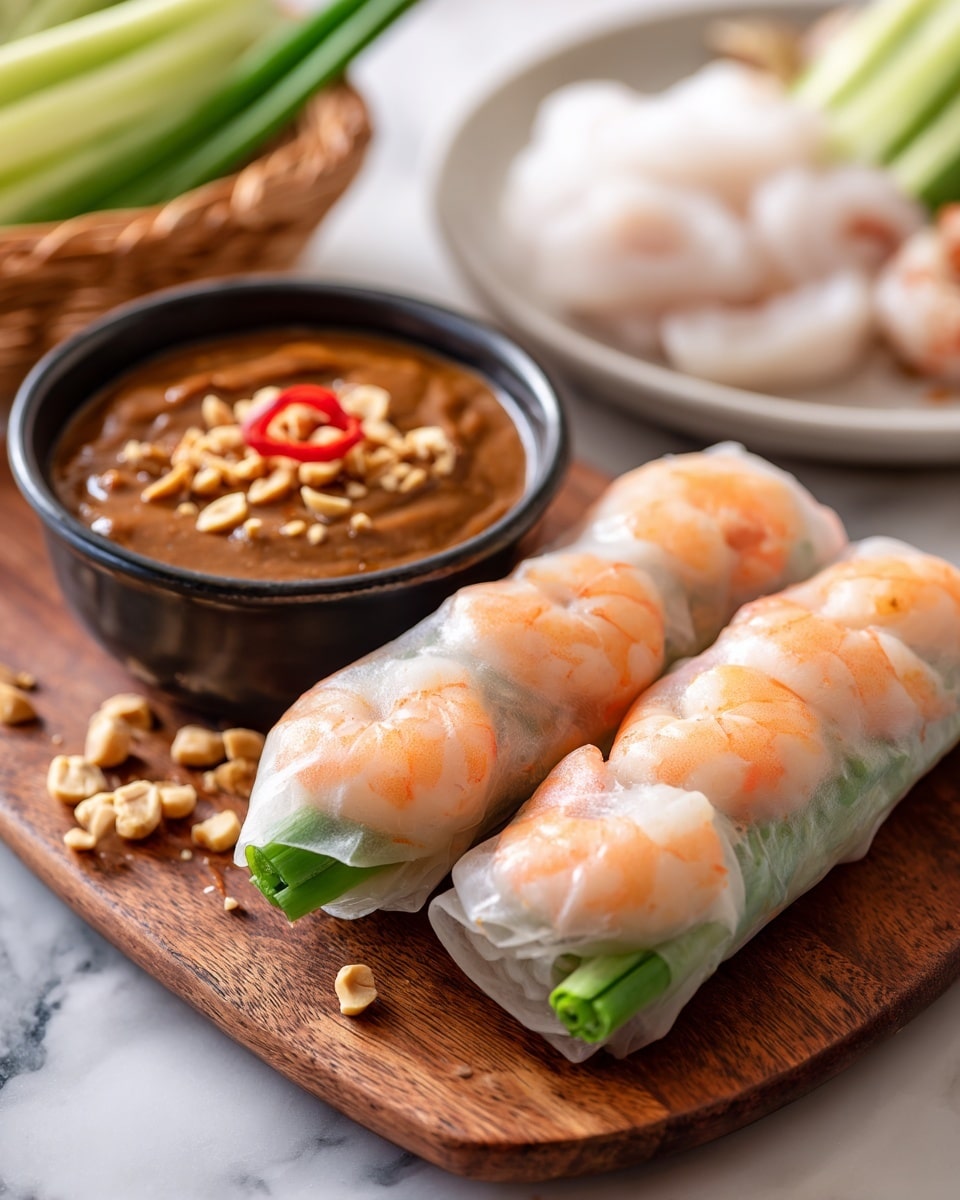Three fresh shrimp spring rolls lay side by side on a wooden board, each roll showing plump orange shrimp and smooth translucent rice paper wrapping, with green scallion stalks sticking out from one end. A small black bowl filled with thick brown peanut sauce topped with chopped peanuts and sliced red chili sits near the rolls. In the background, there is a white plate holding more shrimp and slices of white meat, plus a basket with green cucumber sticks. The whole scene is set on a white marbled surface. Photo taken with an iphone --ar 4:5 --v 7