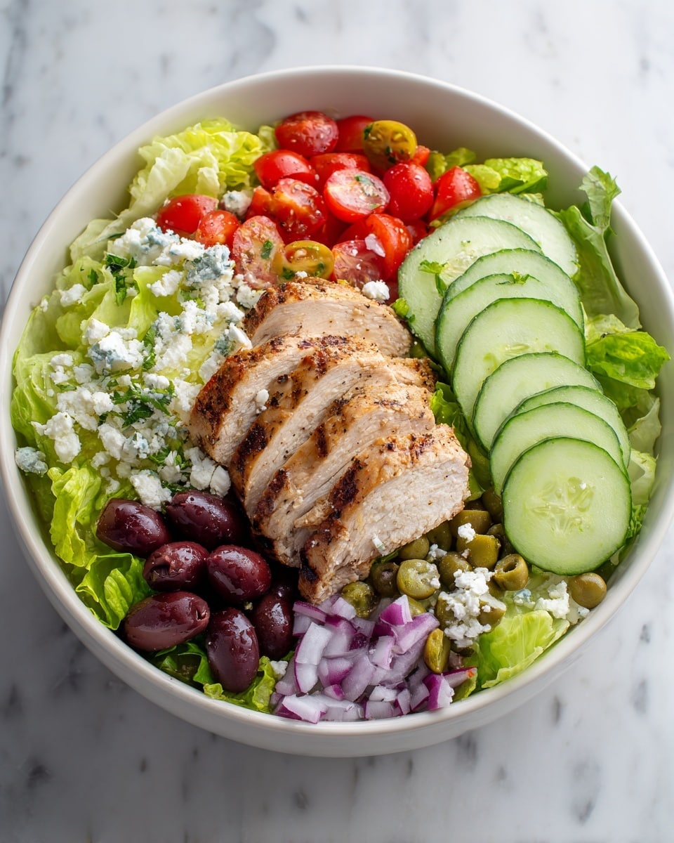A white bowl filled with a colorful layered salad on a white marbled surface. The bottom layer is pale green lettuce leaves, topped with a mix of bright red cherry tomato halves, dark purple olives, and small green capers scattered around. Thick slices of grilled chicken with a light brown color and grill marks are placed in the center. Thin slices of fresh green cucumber are arranged on top and around the chicken. Crumbled white cheese is sprinkled over the salad, adding a soft texture. The overall look is fresh, vibrant, and well balanced in color and texture, photo taken with an iphone --ar 4:5 --v 7