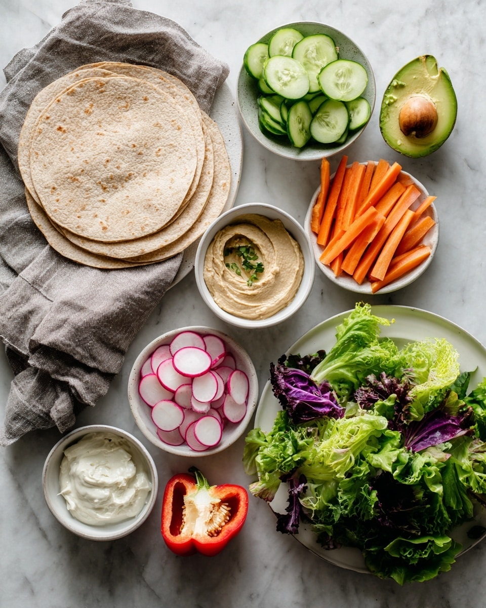 The image shows various fresh ingredients neatly arranged on a white marbled surface. Starting on the left, there is a round whole wheat tortilla on a gray cloth. Surrounding it are small white bowls holding thinly sliced radishes, cucumber sticks, carrot sticks, and white onion slices. A halved avocado is placed near the top right. There is also a bowl of light brown hummus, a small bowl of white creamy sauce, a half red bell pepper with a white center, and a white plate full of mixed leafy greens mostly green with some purple leaves. All items are bright and fresh, laid out cleanly, with soft natural light highlighting the textures. Photo taken with an iphone --ar 4:5 --v 7