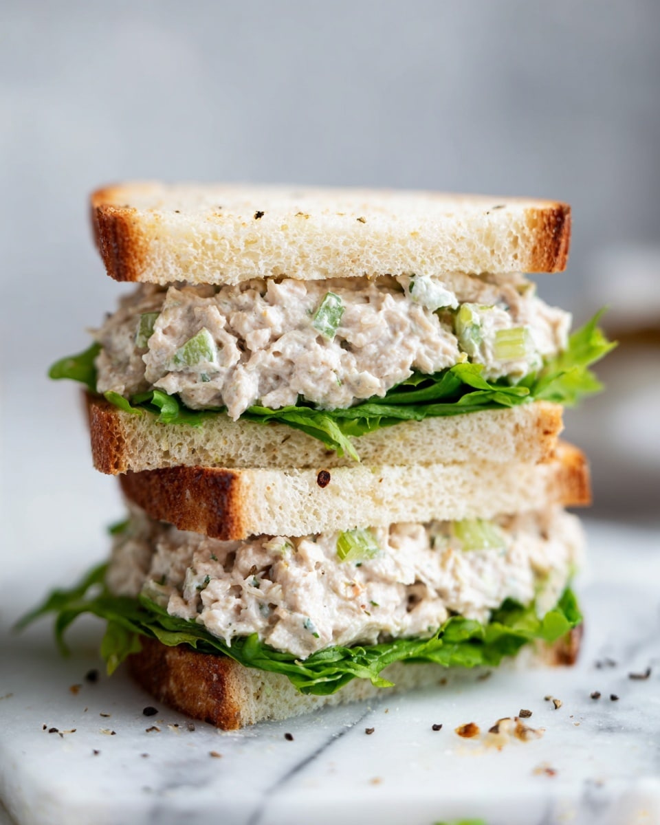 A close-up photo shows two sandwich halves stacked on a white marbled surface. Each sandwich has three layers: the top and bottom layers are soft, lightly toasted white bread with a golden brown crust. The middle layer is filled with a creamy tuna salad speckled with small bits of green celery and herbs, giving it a light beige color with green flecks. Below the tuna salad, there is a layer of fresh, bright green leafy lettuce with visible texture and slight curls on the edges. The sandwiches are cut in half, showing the filling clearly, and a few small bread crumbs and black pepper flakes are scattered around. The background is softly blurred white. Photo taken with an iphone --ar 4:5 --v 7