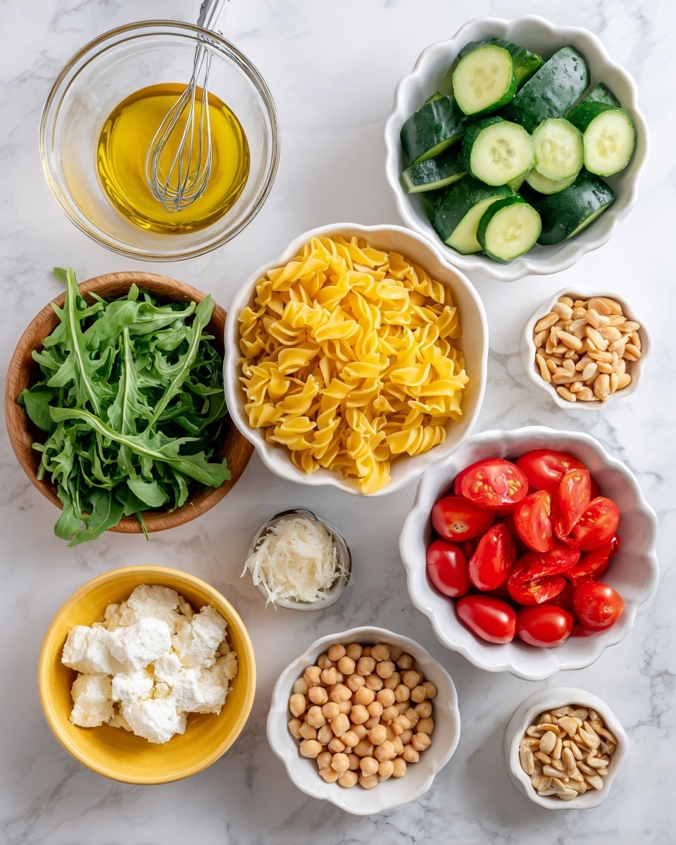 The image shows nine bowls of food arranged neatly on a white marbled surface. Starting from the top, there is a glass bowl with golden yellow dressing and a small whisk inside, next to a white bowl filled with twisted yellow pasta. Below and slightly to the left, there is a wooden bowl full of fresh green basil leaves, followed by a white bowl containing sliced cucumber pieces to the right. Further down, a white scalloped bowl holds bright red halved cherry tomatoes. To the right, a wooden bowl is filled with light beige chickpeas. On the bottom left, a yellow bowl contains crumbled white cheese. In the center bottom, a white scalloped bowl has fresh dark green arugula leaves. Lastly, at the lower right edge, a small white bowl holds tan pine nuts. The scene is bright and clean, with the fresh ingredients distinctly shown. Photo taken with an iphone --ar 4:5 --v 7