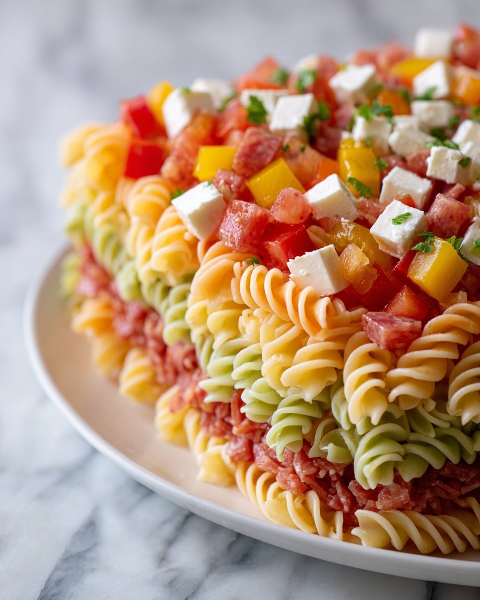 This image shows a close-up of a colorful pasta salad with three layers: the first layer has tri-color spiral pasta in pale yellow, green, and orange colors with a smooth, slightly shiny texture; the second layer has bright red and yellow bell pepper pieces, and diced red tomatoes adding vibrant pops of color; the third layer has small, shiny slices of pepperoni and white cheese cubes scattered in between, giving extra texture and color contrast. The dish is on a white plate placed on a white marbled surface. photo taken with an iphone --ar 4:5 --v 7