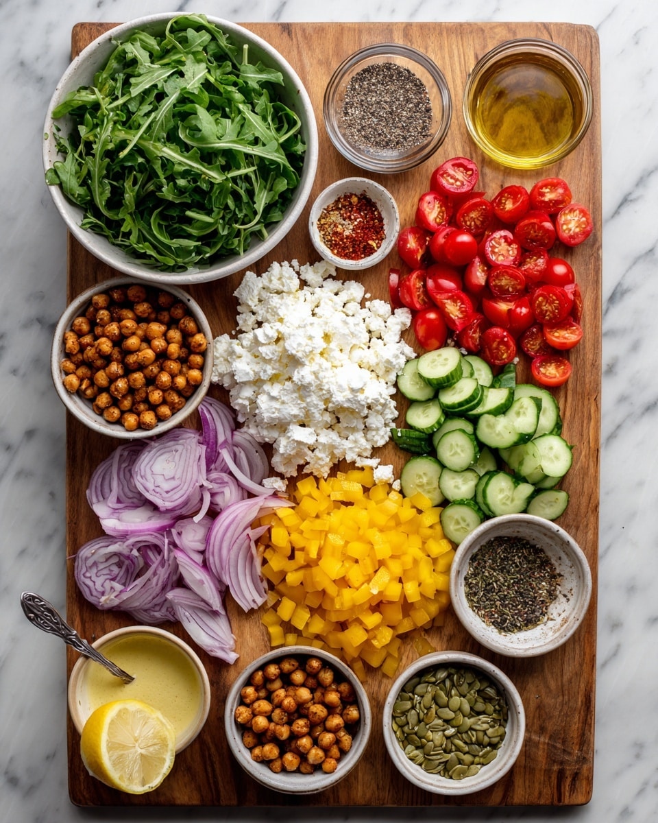 The image shows a wooden cutting board with neat piles of colorful ingredients arranged on a white marbled surface. On the board, there are small bowls filled with white cottage cheese, halved red cherry tomatoes, and cooked chickpeas with a brown color. Around the board, there are chopped red onion slices, bright yellow bell pepper pieces, and green cucumber chunks, all neatly placed in groups. There is a halved lemon with a bright yellow interior, and a small white bowl with a mix of seasonings including salt, black pepper, and red pepper flakes. On the sides, a large white bowl is filled with fresh green arugula, and small bowls contain a pale yellow creamy sauce, minced garlic, olive oil, vegan honey, and pumpkin seeds. The photo is taken with an iphone --ar 4:5 --v 7
