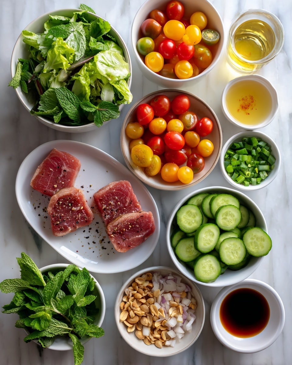 The image shows an overhead view of many small white bowls and plates arranged on a white marbled surface. There are two dark red raw meat slices on one white plate, sprinkled with black pepper. Next to it is a bowl filled with bright green mixed salad leaves. A separate bowl holds shiny green cucumber slices. Another bowl is filled with halved cherry tomatoes in red, orange, and yellow colors. Small bowls contain various ingredients including chopped spring onions, fresh mint leaves, chopped cilantro, peanuts, thinly sliced shallots, a light yellow liquid, a golden syrupy liquid, a dark soy-like sauce, a light clear liquid, and a reddish sauce. The items are spaced evenly, creating a clean, fresh, and colorful display. Photo taken with an iphone --ar 4:5 --v 7