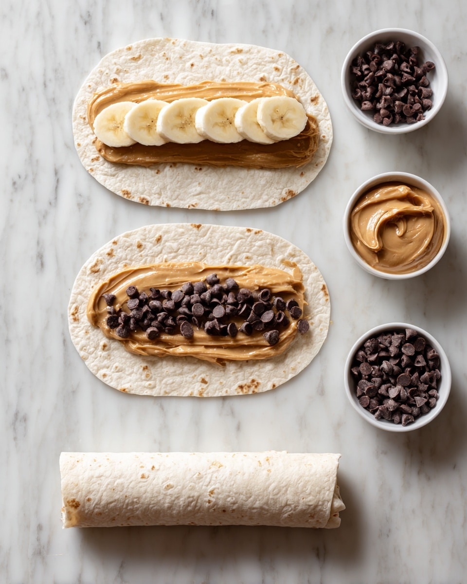 A small white tortilla is shown on a white marbled surface in four steps. The first layer is creamy light brown peanut butter spread evenly over the tortilla. On top of that in the second step, two long peeled banana halves are placed side by side horizontally. The third step adds dark brown chocolate chips scattered over the peanut butter and banana. The final step shows the tortilla rolled tightly into a long wrap, placed on the white marbled surface with small bowls of chocolate chips and peanut butter nearby. Photo taken with an iphone --ar 4:5 --v 7