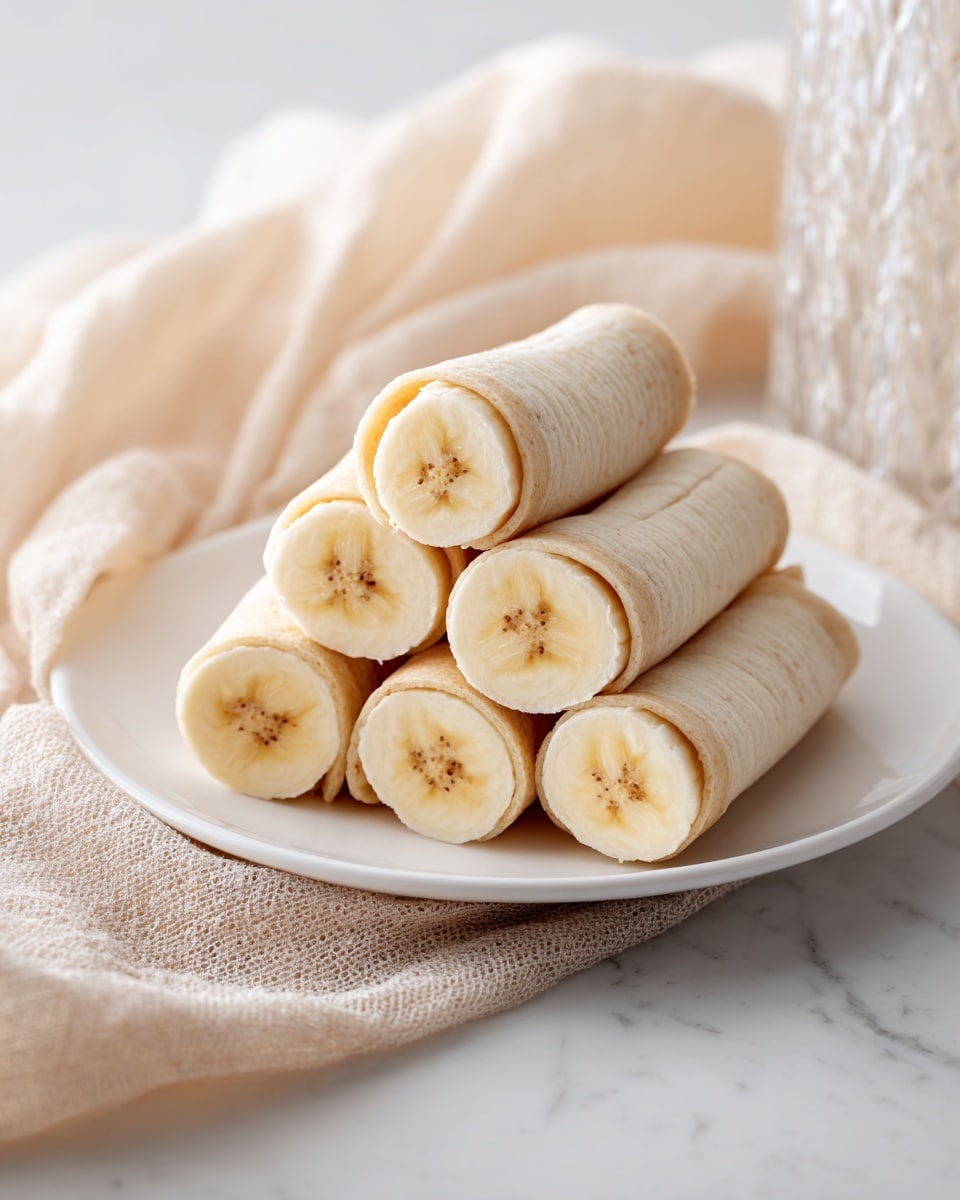 A white plate holds nine banana roll-ups arranged closely together. Each roll-up has a light brown outer wrap with a soft, smooth texture and a whole banana piece inside, showing a pale yellow color with a few spots. The roll-ups are standing upright, showing the round cross-section with the banana in the center and the wrap rolling tightly around it. The plate sits on a white marbled surface, and there is a light beige cloth draped to the left side of the plate. In the background, there is a textured translucent object adding a soft glow. photo taken with an iphone --ar 4:5 --v 7