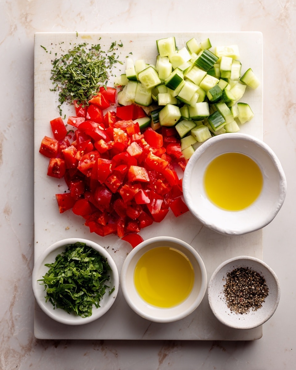 The image shows a white cutting board placed on a white marbled surface. On the board, there are small piles of chopped red tomatoes, bright green cucumbers cut into small cubes, and finely chopped fresh green herbs. Beside these, there are three white small bowls; one holds golden yellow oil, the second has a pale yellow liquid, and the third contains a mix of black pepper and salt. The items are neatly arranged with vibrant, fresh colors contrasting against the clean white background. Photo taken with an iphone --ar 4:5 --v 7