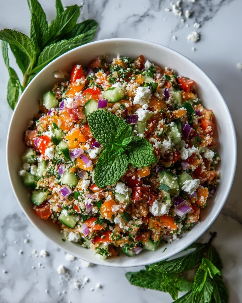 A round white bowl filled with a colorful salad that has layers of finely chopped red tomatoes, green cucumbers, orange bell peppers, and bits of purple onions mixed evenly throughout. Small white chunks of cheese are scattered on top along with fresh bright green mint leaves concentrated mainly in the center and spread around. The bowl rests on a white marbled surface with sprigs of mint leaves surrounding it for decoration. Photo taken with an iphone --ar 4:5 --v 7