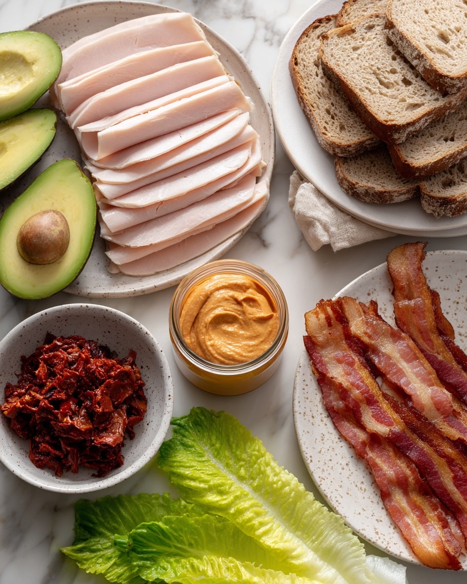 The image shows several food items arranged on a white marbled surface. There is a white speckled plate in the center with six folded slices of light pink deli turkey arranged in a neat stack. To the right, a white speckled plate holds about eight crispy strips of reddish-brown bacon, layered loosely. Below the bacon, a small clear glass jar of smooth, orange-colored spread sits next to five slices of rustic, dark-edged bread stacked slightly overlapping. To the left of the turkey, there are two green halved avocados with textured, bright green flesh, placed on a white speckled plate. Below the avocados, a small white bowl holds a chunky, deep red sun-dried tomato topping. Two long leaves of fresh, bright green romaine lettuce with visible veins lay below the turkey near the bread. The photo taken with an iphone --ar 4:5 --v 7
