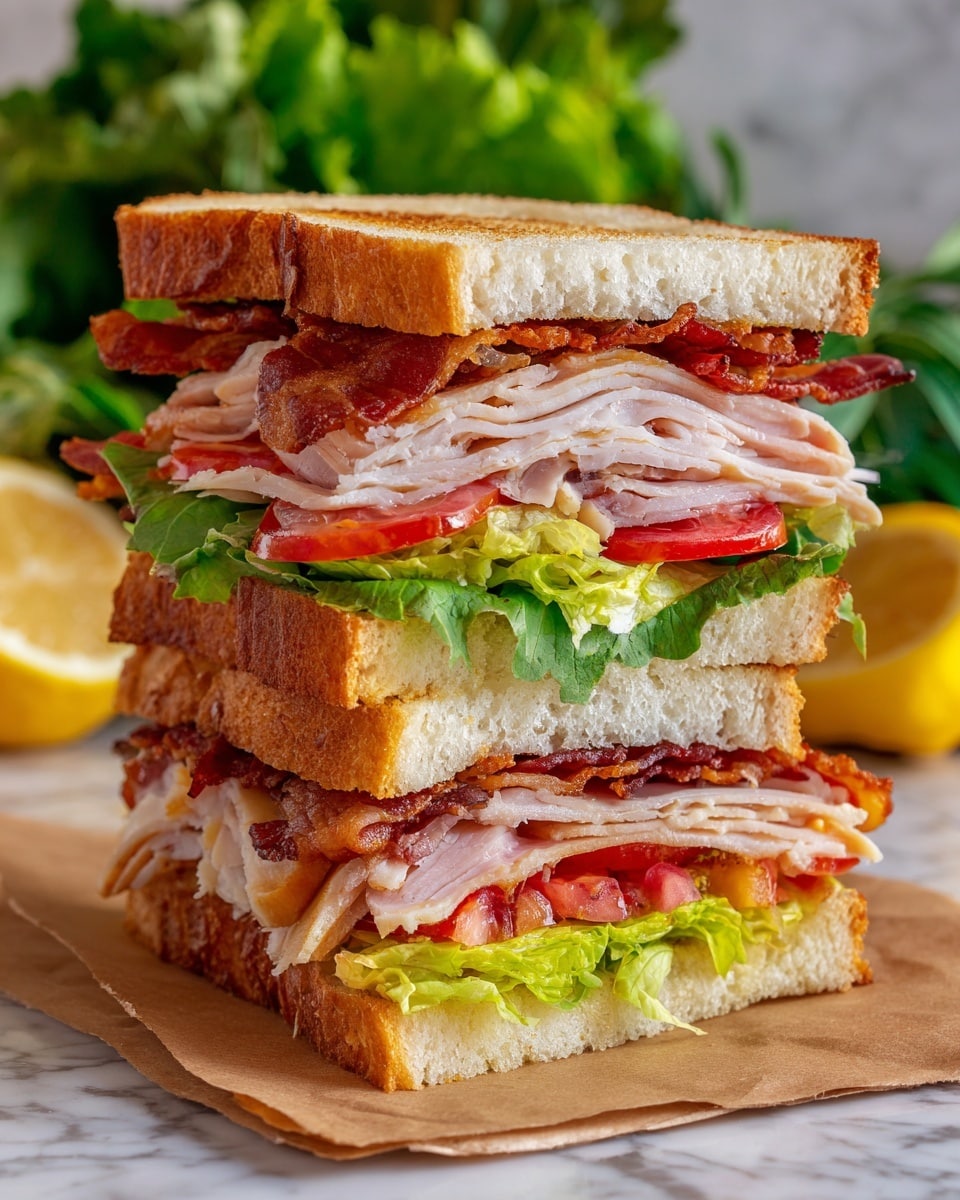 A tall sandwich with three layers of white toasted bread, each layer showing a golden-brown crispy texture. The first layer on the bottom has bright green lettuce, thin slices of turkey, and red tomato slices. The middle layer features more turkey slices, red tomato slices, crispy bacon with a reddish-brown color, and bright green lettuce. The sandwich is placed on brown paper, with a blurred background of green leafy vegetables and a lemon wedge on a white marbled surface. The sandwich looks fresh and stacked evenly. Photo taken with an iphone --ar 4:5 --v 7