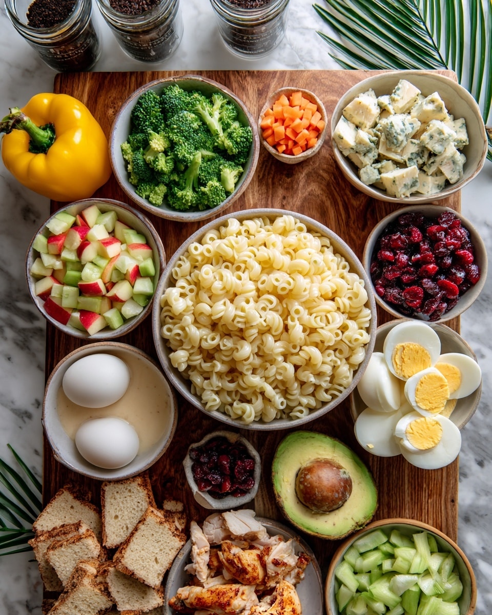 The image shows a wooden board on a white marbled surface filled with many white bowls and items arranged neatly. At the center, a large white bowl holds cooked pasta in pale yellow. Around it, smaller white bowls contain diced green cucumber, chopped green leafy herbs, red diced apples mixed with green pieces, finely chopped orange carrots, hard-boiled egg pieces in yellow and white, dried red cranberries, and small green avocado cubes. A yellow bell pepper, green broccoli head, whole red onion, half an avocado with the seed, a whole red apple, and a wedge of white and blue marbled cheese sit on the board. There are also two whole boiled eggs, a small bowl of creamy light brown dressing, shredded blue cheese, cooked light brown chicken pieces on a white plate, and small cubed toasted bread. In the background, three empty glass jars with black lids and green palm leaves add detail. Photo taken with an iphone --ar 4:5 --v 7