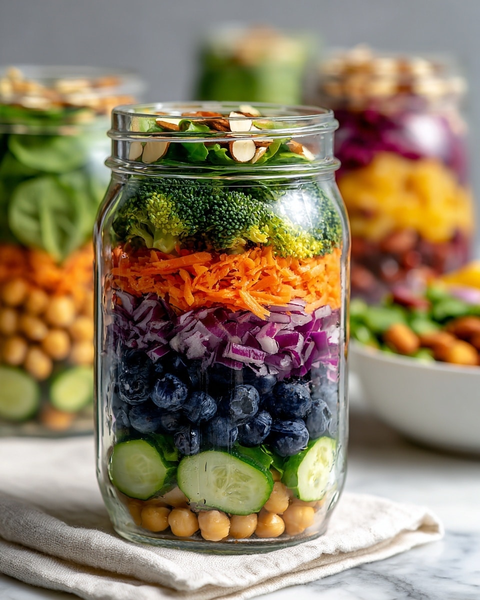 A clear glass jar filled with colorful salad layers stands on a white marbled surface with a white cloth underneath. The bottom layer is light green cucumber slices, followed by a layer of beige chickpeas mixed with small pieces of purple onion. Above that, there is a broccoli layer with tiny green florets, then a bright orange shredded carrot layer. Next comes a thick layer of dark blue blueberries, topped with fresh, bright green spinach leaves with some almond slices sprinkled on top. In the blurry background, there are other similar jars and a white bowl filled with salad. Photo taken with an iphone --ar 4:5 --v 7