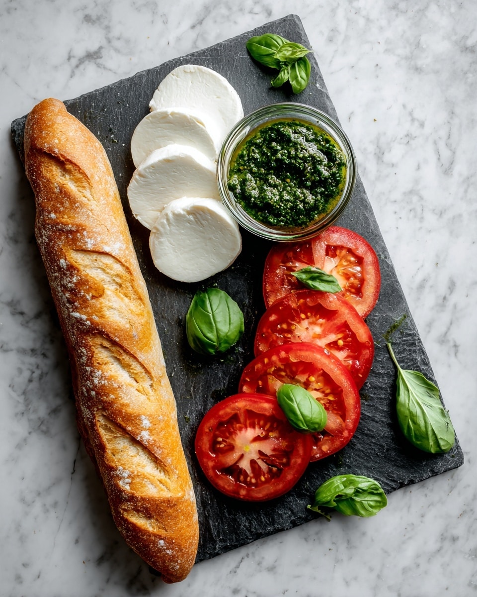 The image shows a simple food arrangement on a dark stone board placed on a white marbled surface. There are three layers of round white mozzarella slices stacked on the top left, next to a small clear bowl filled with green pesto sauce that has a slightly thick texture. To the right of the pesto, there are two layers of bright red tomato slices with juicy seeds visible, showing some variation in the red shades. Scattered around and near the tomatoes are fresh green basil leaves with smooth surfaces. At the bottom left corner, there is a long, golden brown baguette with a crispy crust and three visible cuts on top. Photo taken with an iphone --ar 4:5 --v 7