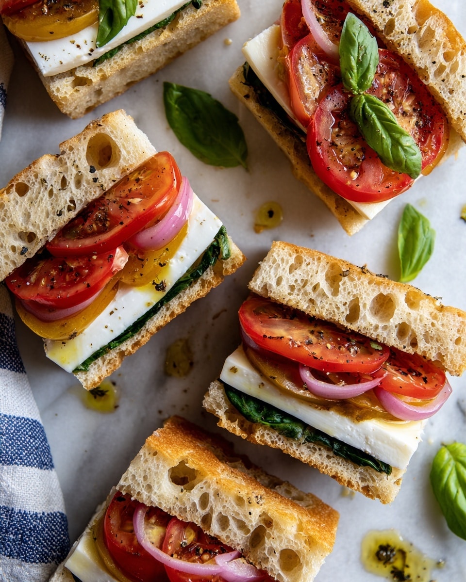 The image shows four small sandwiches made with light brown focaccia bread pieces, each sandwich having two layers of bread with visible soft holes and a golden crust. The bottom bread piece is layered with fresh green spinach leaves, followed by a thick slice of white mozzarella cheese that is smooth and creamy. On top of the cheese, there are thick slices of red tomato, varying from bright to darker red, with some sandwiches topped with pink pickled onion rings and small fresh basil leaves scattered on and around the sandwiches. There are tiny drops of olive oil and cracked black pepper over the cheese and tomatoes. The sandwiches are placed directly on a white marbled surface along with some fresh basil leaves and a striped blue and white cloth is slightly visible in the corner. photo taken with an iphone --ar 4:5 --v 7