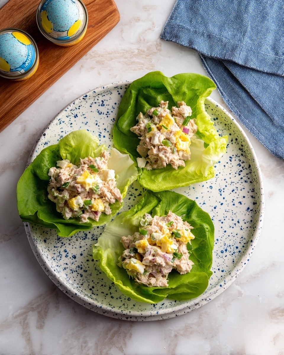 The image shows three lettuce wraps arranged on a round white plate with a blue speckled pattern, placed on a white marbled surface. Each wrap has a bright green butter lettuce leaf base, topped with a chunky mixture of pale creamy tuna salad mixed with small pieces of red onion, diced boiled egg whites, and crumbled yellow egg yolk, adding varied texture and color. The wraps are positioned close together in the center of the plate, and in the upper left corner of the image, two round blue and yellow tuna cans sit partially on a wooden board. A folded blue cloth napkin is visible in the upper right corner. Photo taken with an iphone --ar 4:5 --v 7