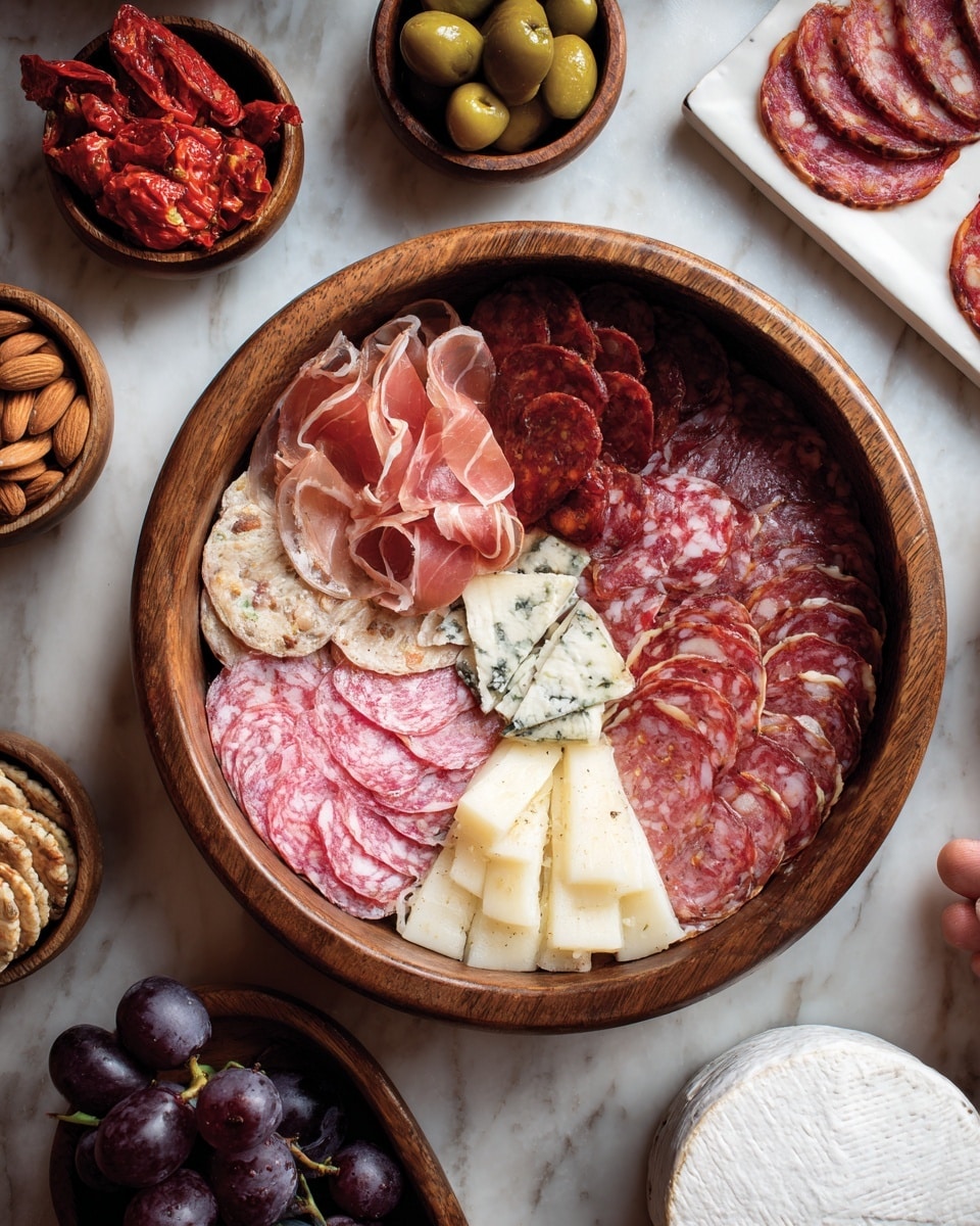 A round wooden bowl is filled with six layers of cured meats starting from the left with thinly folded soft pink prosciutto, moving clockwise to a red whole sausage with three thick slices showing small pieces of white fat inside, followed by a layer of dark reddish round slices with spotted fat, then a pile of bright pink round slices with tiny white spots, next are thinly folded pale pink slices with round white bits, and finally a layer of round salami slices with a white marbled look. The bowl sits on a white marbled surface, surrounded by small wooden bowls with whole almonds, round crackers, mixed olives, and pickles, as well as red roasted peppers on a white square dish, purple grapes, crumbly pale yellow cheese chunks, and a large white ball of cheese. A woman's hand holds some food on the bottom right edge. photo taken with an iphone --ar 4:5 --v 7