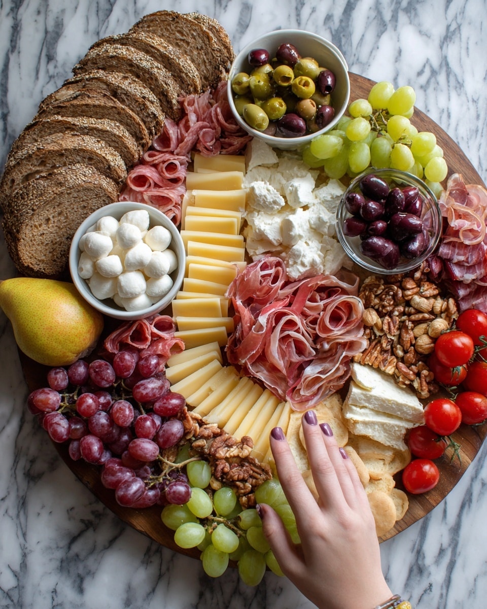 A large wooden board holds a colorful charcuterie spread with many layers. At the bottom left, slices of brown bread form a curved line, next to a yellow pear. Above the bread, small clusters of bright red grapes rest beside bowls of white mozzarella balls and mixed nuts. The central section has layers of folded thin pink and red meats, topped with a few slices of pale yellow cheese arranged in rows. White and green grapes spill over from the top middle and middle right. Scattered around are green pears, dark purple olives in a glass bowl, and thinly sliced baguette pieces. Bright red cherry tomatoes still on the vine sit on the bottom right next to the bread. A woman’s hand is about to take some of the items from the edges. The background is a white marbled texture photo taken with an iphone --ar 4:5 --v 7