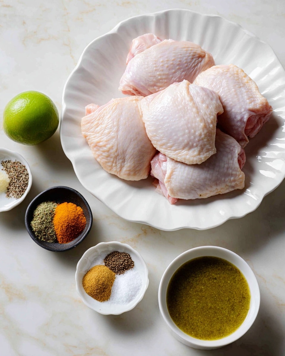 The image shows a white scalloped plate with six raw chicken pieces on top, piled in two uneven layers with smooth, shiny pinkish skin and plump texture. Below the plate, there is a white marbled surface with four items placed around: a half-cut green lime on the left, a small black bowl filled with four different ground spices neatly separated by color (yellow, orange, light brown, and dark brown), a white round bowl filled with a thick greenish-yellow sauce with a rough texture, and a small white round bowl holding a mixture of white salt and black pepper. Photo taken with an iphone --ar 4:5 --v 7