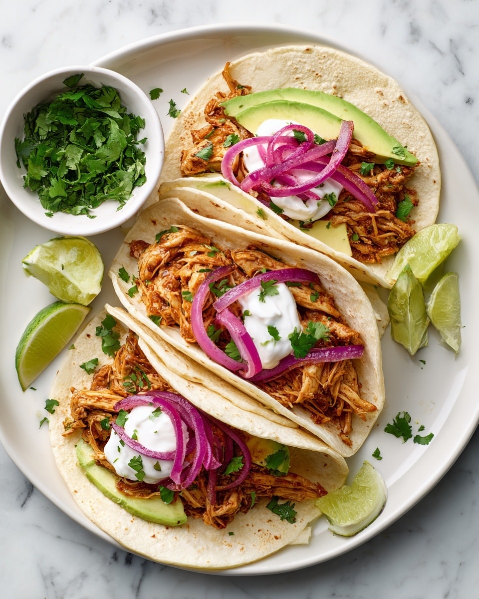 A white plate holds three soft tortillas folded open to show shredded light brown chicken meat topped with thin, curled rings of bright purple-red onion. Each taco has a layer of pale green avocado slices placed under the chicken, with dollops of white sour cream on the sides. Small green cilantro leaves are sprinkled over the tacos giving fresh color contrasts. Around the plate, lime wedges and a small white bowl filled with green cilantro leaves sit on a white marbled surface. photo taken with an iphone --ar 4:5 --v 7