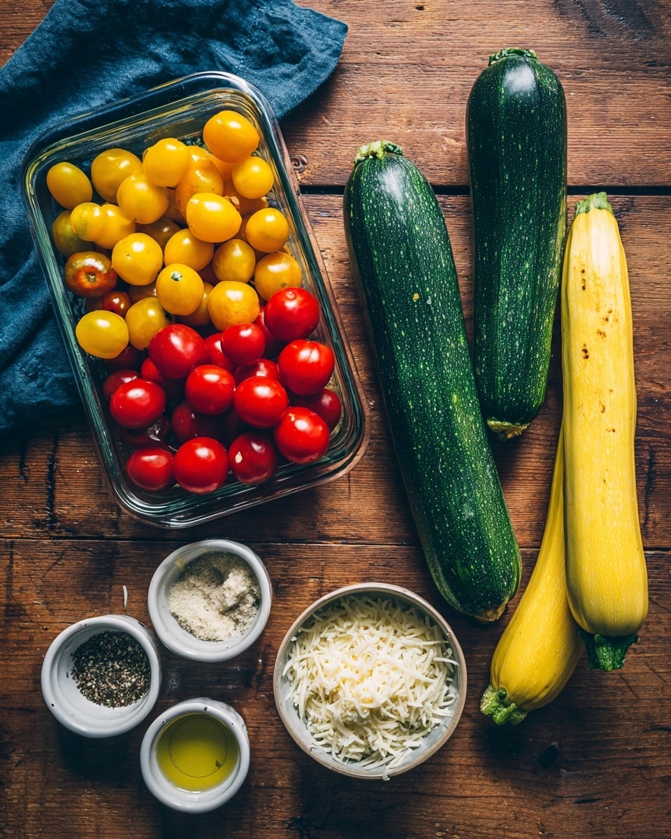 The image shows a top view of raw vegetables and small bowls with ingredients arranged on a wooden table. On the right side, there are two large dark green zucchinis crossed over two yellow zucchinis. To the left, a rectangular clear container is filled with small round yellow tomatoes and clusters of red cherry tomatoes below them. Below the container, there are three small white bowls lined up horizontally; the left bowl contains a mix of seasonings, the middle bowl has shredded white cheese, and the right bowl has olive oil. A dark blue cloth is partially visible on the top left corner. Photo taken with an iphone --ar 4:5 --v 7