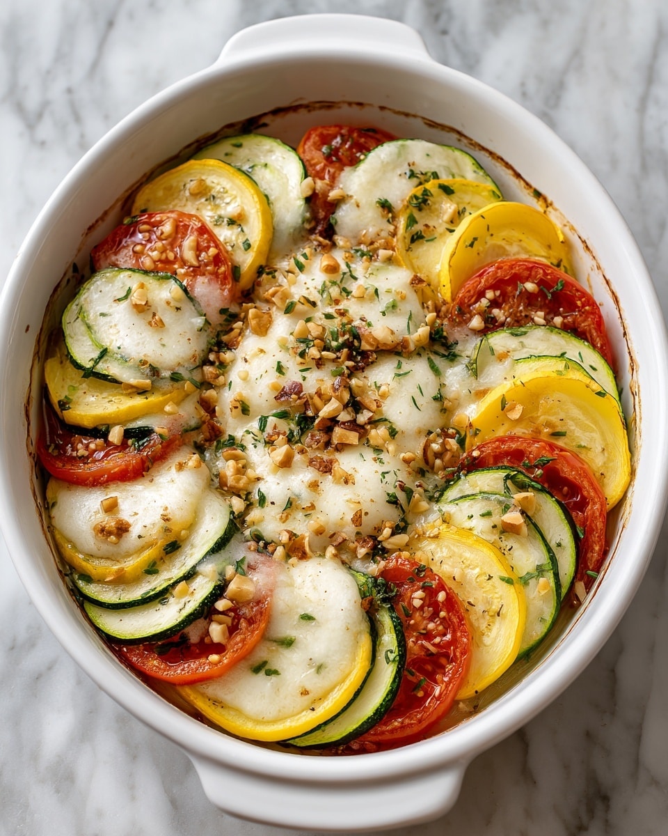 The dish shows a white round ceramic baking dish filled with layered sliced vegetables. The bottom layer has thin green zucchini slices with a smooth texture, followed by a layer of yellow squash slices. On top of these is a layer of fresh red tomato slices, arranged evenly across the dish. The tomatoes are topped with melted white cheese that is slightly browned in spots, sprinkled with small bits of chopped nuts and herbs. The dish sits on a white marbled surface. photo taken with an iphone --ar 4:5 --v 7