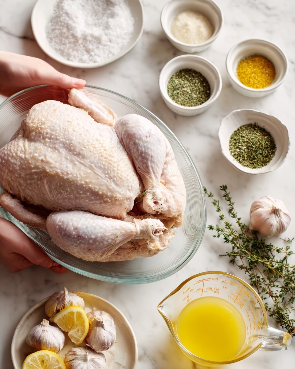 A raw whole chicken lies in a clear oval glass dish at the center of the image. Around it, there are five small white bowls: one with salt, one with ground green herbs, one with ground yellow spice, one holding fresh thyme sprigs, and another white plate containing whole garlic heads cut in half, exposing the cloves. A clear glass measuring cup with melted yellow butter sits nearby. Slices of lemon are placed on a small white dish, and a woman’s hand gently holds the chicken. The background is a white marbled surface. Photo taken with an iphone --ar 4:5 --v 7