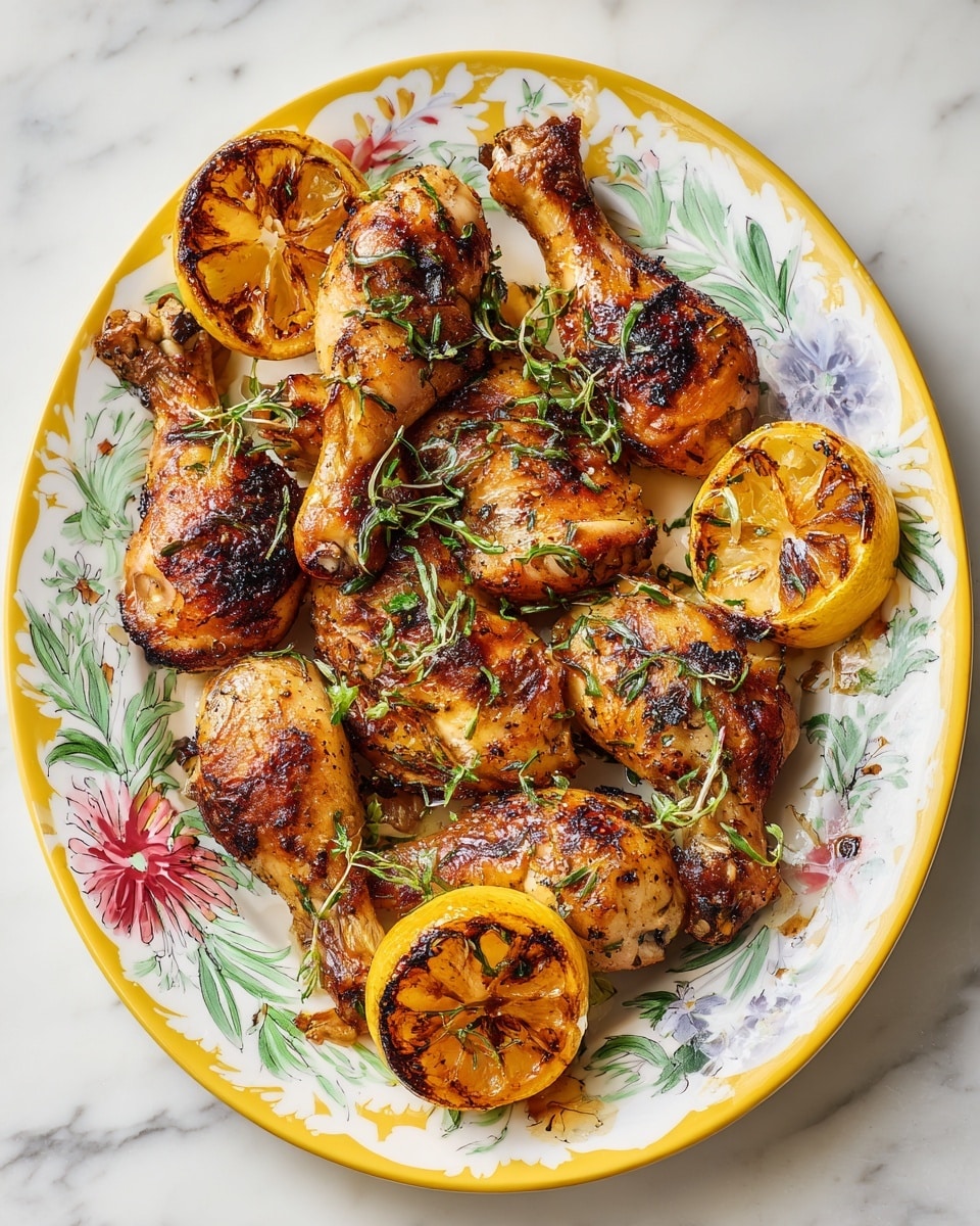 The dish features multiple roasted chicken drumsticks arranged on a white plate with a colorful floral and yellow rim pattern. The chicken is golden brown with a slightly crispy skin, sprinkled with fresh green herbs. On and around the chicken, there are several slices of roasted lemons showing a charred, caramelized texture with bright yellow and brown colors. The plate rests on a white marbled surface, and the overall presentation is warm and inviting. photo taken with an iphone --ar 4:5 --v 7