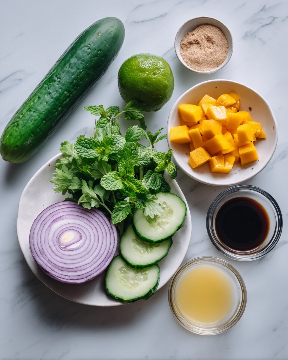 The image shows fresh ingredients arranged neatly on a white marbled surface. There is a long green cucumber on the left side. Next to it, a white plate holds a half purple onion with smooth layers, some bright green cilantro leaves, and fresh mint leaves. Above the plate is a whole green lime. To the right, there are small clear bowls containing cubed orange mango pieces, dark brown liquid, light yellow liquid, and a small amount of white liquid. A tiny light brown bowl holds a beige powdered spice. The overall setup is clean and well-organized, with colors ranging from green and purple to orange and brown, creating a fresh, natural look. photo taken with an iphone --ar 4:5 --v 7