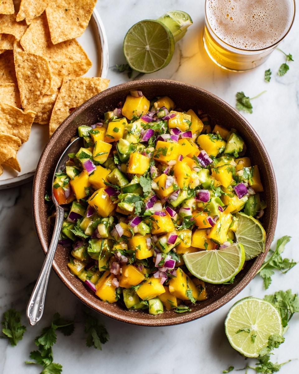 A brown bowl filled with a colorful salsa made of small cubes of green avocado, bright yellow mango, and bits of purple onion, garnished with fresh green cilantro leaves and two lime wedges on the side. A silver spoon rests inside the bowl. Around the bowl, there are pieces of crispy tortilla chips in a white plate and scattered on a white marbled surface, along with a glass of light beer at the top. Fresh cilantro sprigs add a touch of green to the scene. Photo taken with an iphone --ar 4:5 --v 7