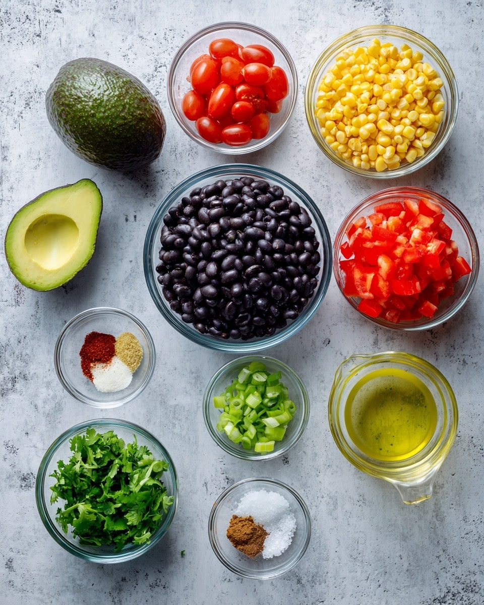 A top-down view of fresh ingredients arranged neatly on a white marbled surface. In the center is a clear glass bowl filled with dark black beans, to its left, a whole dark green avocado next to a bowl of bright red diced tomatoes. Below the tomatoes, a small bowl holds light green chopped scallions, and next to it is a bowl of chopped fresh green cilantro. To the right of the beans, a glass measuring cup filled with light yellow oil sits beside a clear bowl of yellow corn kernels at the top right corner. Below the corn is a glass bowl with diced red bell pepper. In the middle are three small clear bowls with minced garlic, white salt, and reddish chili powder. At the bottom right corner is a clear measuring cup with lime juice. All items are placed evenly spaced on the smooth, white marbled background, photo taken with an iphone --ar 4:5 --v 7