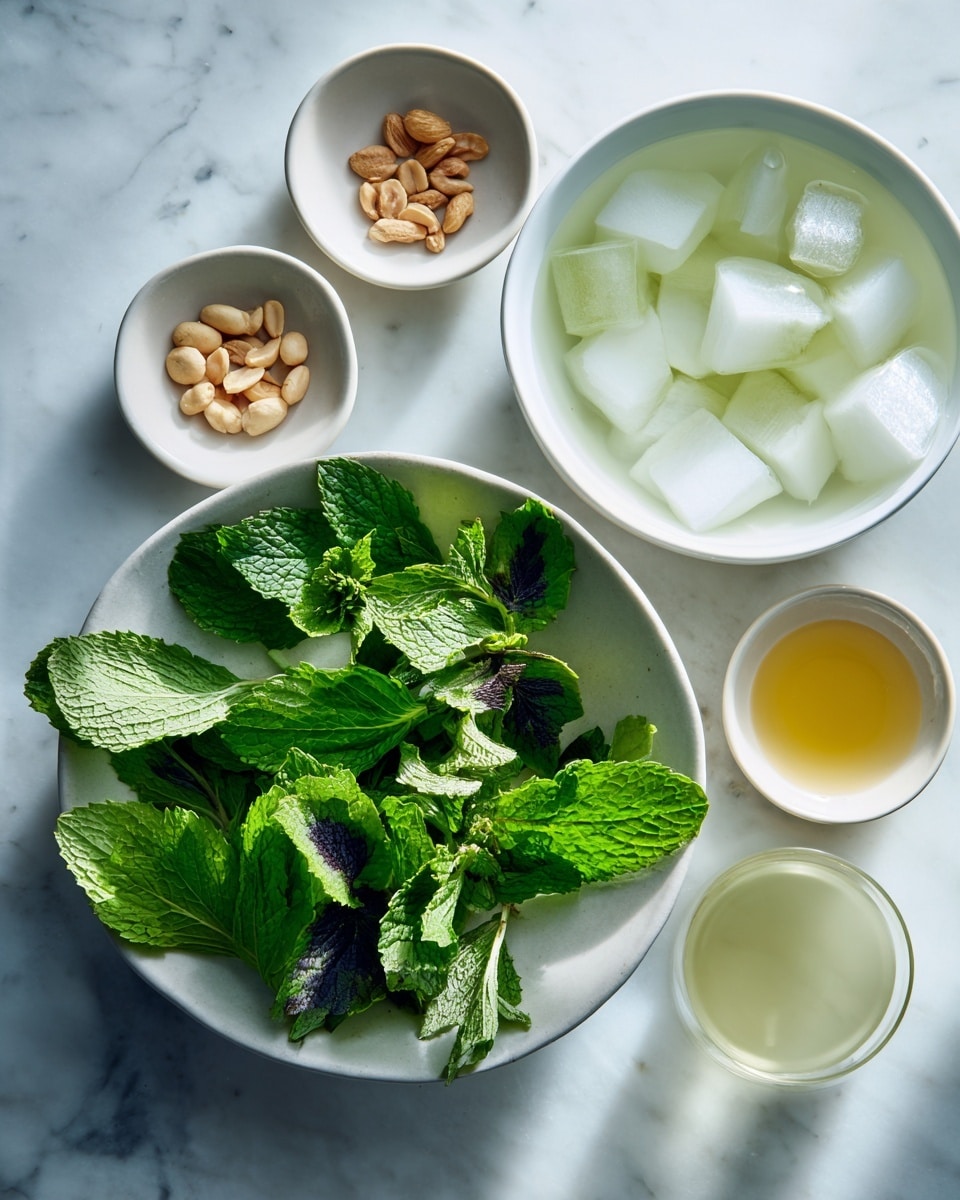 The image shows a white bowl filled with fresh green and purple leaves on a white marbled surface. Around the bowl, there are small white bowls holding nuts, light brown small chunks, and clear liquid. Two larger white bowls contain cubed white and light green pieces submerged in water, placed side by side behind the main bowl. All items are arranged neatly, capturing a clean and fresh look. Photo taken with an iphone --ar 4:5 --v 7